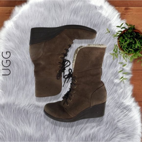 Super Rare UGG "ZEA" Platform Suede Leather Shearling Winter Boots - Picture 3 of 15